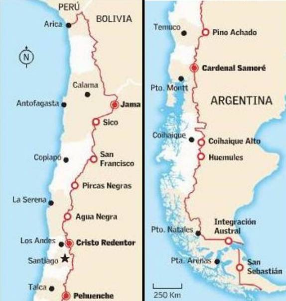 As principais passagens fronteiriças entre Argentina e Chile, os chamados 'Pasos'. À esquerda, os Pasos na metade norte dos páises, entre eles o mais movimentado , o Paso Cristo Redentor, entre Santiago e Mendoza. À direita, os Pasos da metade sul.